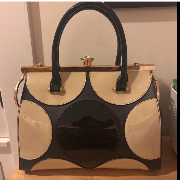 Polka Dot Patent Frame Satchel Blue & White Retro - Picture 4 of 11